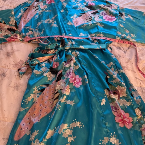 Applesauce teal blue satin peacock floral silk-like belted robe, one size boho - Picture 15 of 16